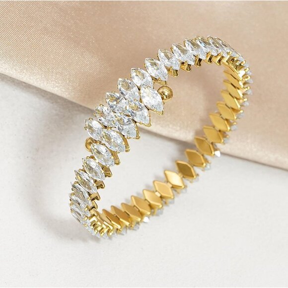 Gold White Rhinestone Cuff Bracelet Cubic Zirconia Tennis Bracelets for Women - Picture 4 of 6